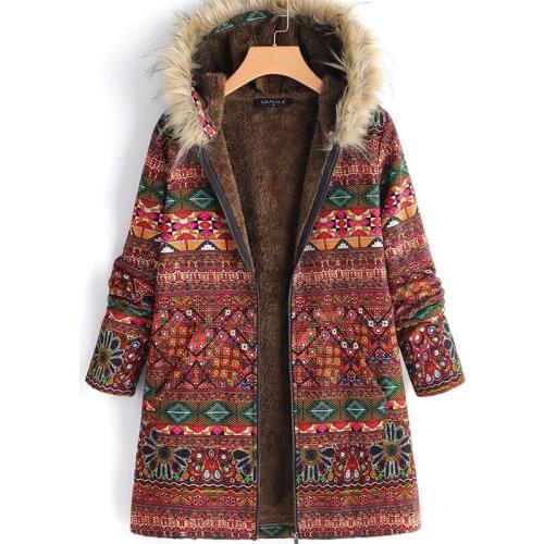 Winter New 2019 Women Plus Velvet Thicken Keep Warm Hooded Cotton Coats Geometric Flowers Harajuku Jacket Female Outwear Coat