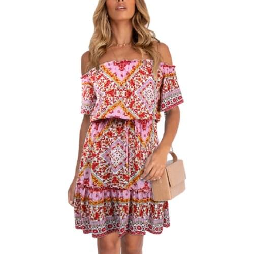 2021 Bohemian Dress Women Off The Shoulder Boho Long Dresses Ruffle Vintage Tied High Waist Summer Floral Dress Summer