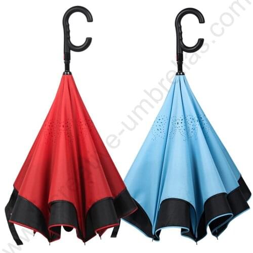 2pcs/lot 98cm auto open C-Hook self-defense reflective Windproof Reverse hand-free umbrella Double Layer Inverted stand parasol