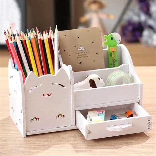 4 Grid Desk Pen Pencil Organizer Desktop Pen Holder Office School Stationery Storage Case Wood Box Phone Holder for Kids at Home