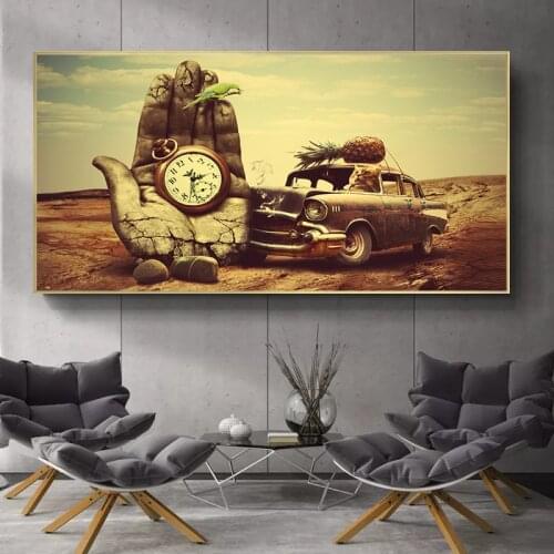 Abstract Cat Drving Car With Pocket Watch Clocks Art Canvas Print Painting Weird Surrealism Wall Picture Home Decoration Poster