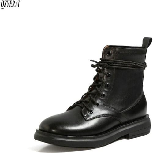QZYERAI black Riding boots Genuine leather Female boots lace-up Womens boots Autumn and winter Womens shoes Size 34-40