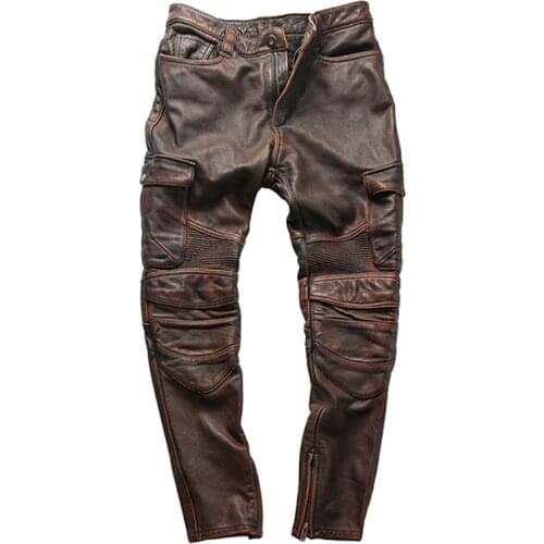 Genuine Leather Pants Men Real Natural Cowhide Cow Skin Casual Slim Motorcycle Biker Waterproof Moto Streetwear Trousers Male