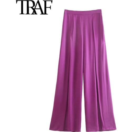 TRAF Women Chic Fashion Soft Touch Pleated Wide Leg Pants Vintage High Waist Side Zipper Female Trousers Mujer