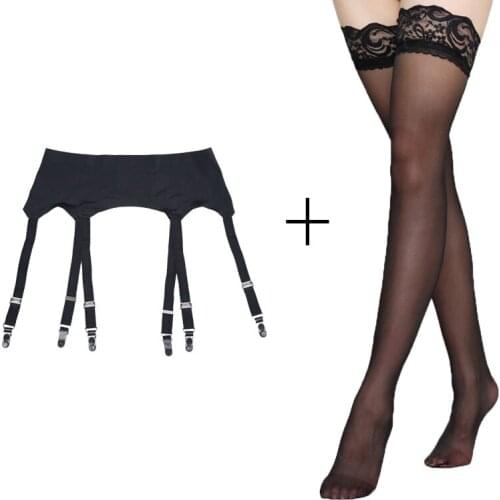 Black Garters Vintage 6 Wide Strap Sexy Metal Clips Garter Belts with Black stocking set for women/female, Clothing accessories