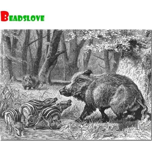Square round Stones Square Diamond Painting Wild Boar Diamond Embroidery sale Mosaic bead Cross Stitch Black White art
