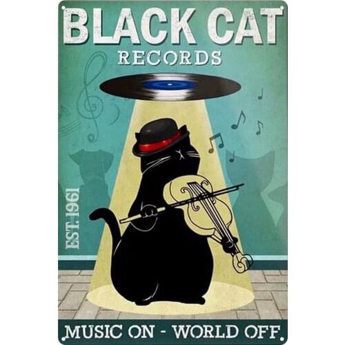 Metal Tin Sign Black Cat Records,Muisc on And World Off,Wall Decor for Bedroom Home Bar Restaurant Cafe Pub Outdoor 8x12 Inch