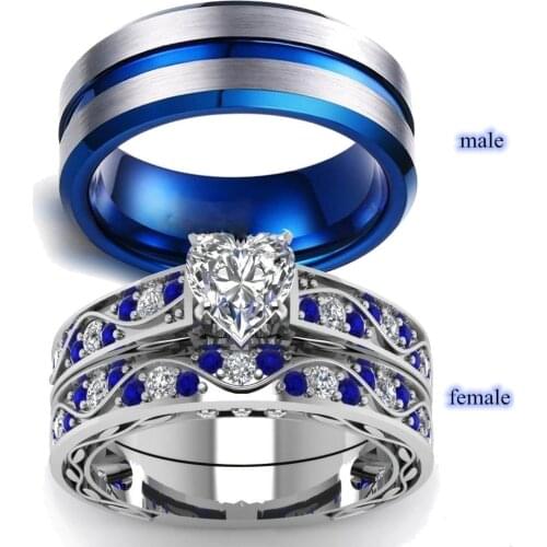 Fashion Couple Ring Blue Men Ring White Heart Rhinestones Zircon Women Ring Sets Wedding Engagement Gift