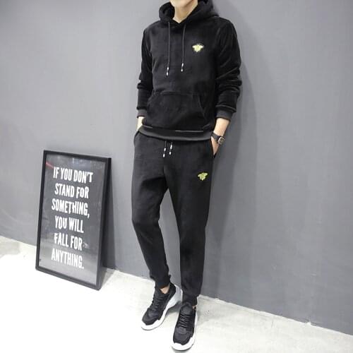 Men 2020 New Fashion Sport Set Thick Velvet Winter Tracksuit Long Sleeve Hoodie Sweatshirt Joggings Pants Workout Suit