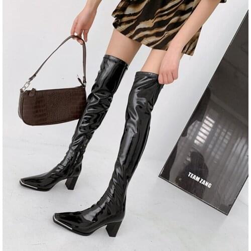 New Womens Winter Black Thigh High Long Stovepipe Boots Silver Metal Heel Patent Leather Matte Square Toe 7.5CM Chunky Shoes