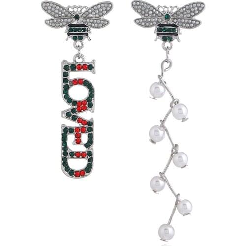 New Asymmetrical Drop Earrings Long Statement Earring Crystal Love Letter Pearls Bee Dangle Earrings for Women Party Gift