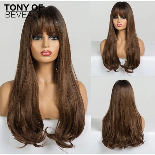 Long Wavy Black to Brown Ombre Hair Heat Resistant Synthetic Wigs With Bangs for Women African American Natural Daily Wigs