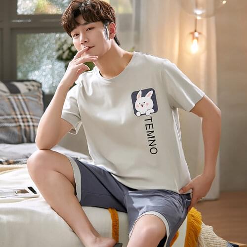 Summer Spring Pajamas For Men Casual Cotton Pajama Sets Fashion Letter Print Short Sleepwear With Plaid Shorts Stretch Pyjamas