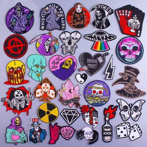 Prajna Punk Skull Patch On Clothes Stripes Embroidered Patches For Clothing Joker Iron On Patches For Clothes Badges DIY T-shirt