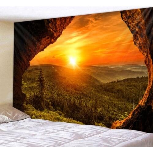 Rock cave sunrise 3d printing tapestry reef rock cave sea view wall hanging living room bedroom hall tapestry mural 6 sizes