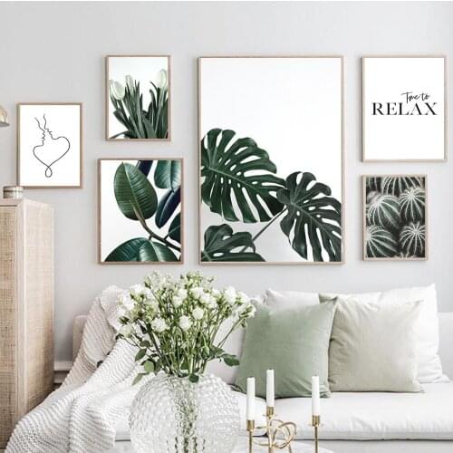 Cactus Monstera Leaf Line Wall Art Canvas Painting Nordic Posters And Prints Wall Pictures For Living Aesthetic Room Decoration
