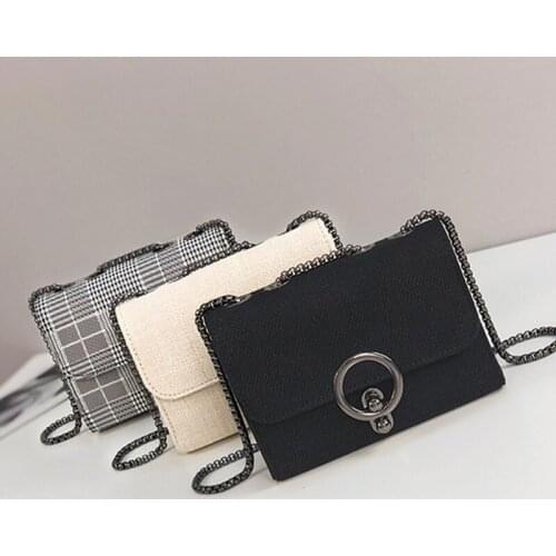 Japanese Shoulder Bag Fashion Pure Canvas Women Small Square Bag Metal Chain Messenger Bag Fashion Versatile Female Leisure Bag