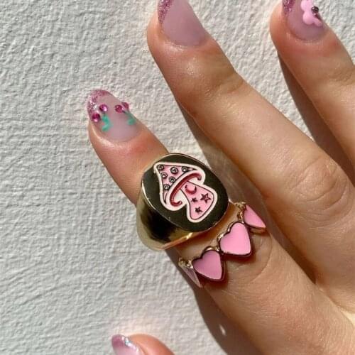 Vintage Trendy Y2K Chunky Mushroom Rings For Women Girls Punk Gold Colorful Drip Oil Love Heart Clouds Flowers Rings Jewelry