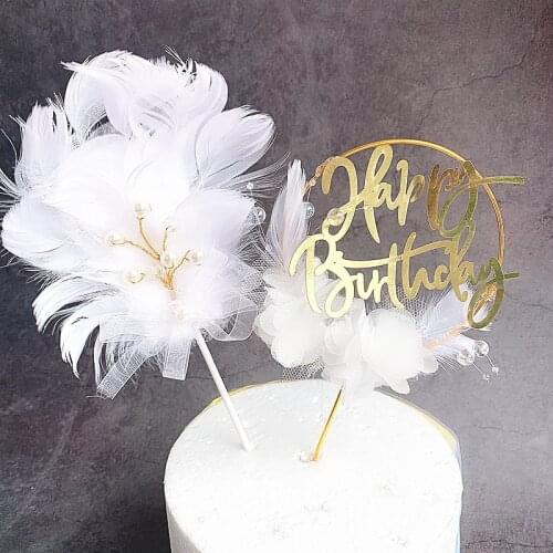 Pearl Bow Women Bachelorette Party Decoration Wedding Baby Shower Cake Topper Party Supplies Feather Happy Birthday Cake Topper