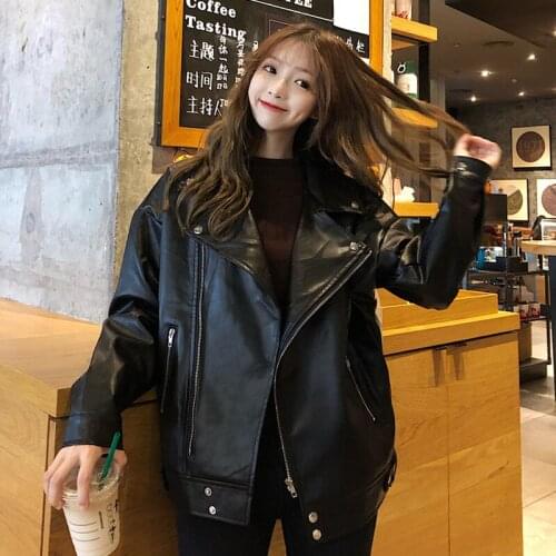 2020 Autumn Women Black Slim Cool Lady PU Leather Jackets Sweet Female Zipper Faux Femme Outwear Coat Loose Leather jacket A352