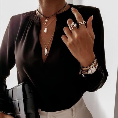 Female Solid V-Neck Pink Black Casual Blouse Long Sleeve Women Blusa Mujer Offfice Lady Spring Autumn 2021 New Fashion G2636