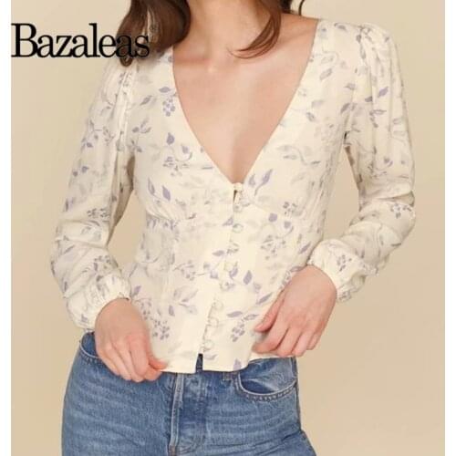 Bazaleas Vintage Light Purple Floral Print Blouse Chic Center Buttons Ropa Mujer Fashion V Neck Blouse Women Harajuku