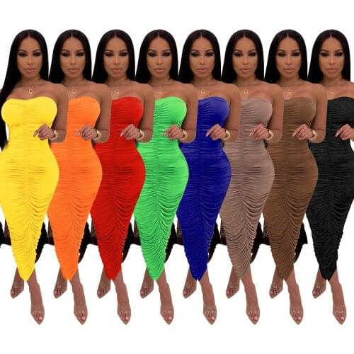 Sexy Strapless Long Pleated Dress Women off Shoulder Draped Bodycon Sundress Backless Party Club Dress Summer Clothings 2021