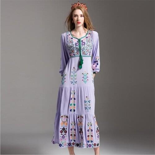 2020 women spring vacation beach long dress bohemian style A-line geometric embroidery maxi dress Vestido plus size women dress