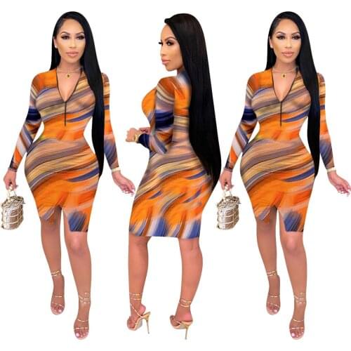 Long Sleeve Striped Colorful Knee Length Bodycon Dress Clubwear Drawstring Sexy Party Wear Casual Elegant Dresses Wholesale