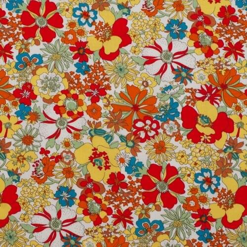 1 Yard Cotton Poplin Fabric for Sewing Patchwork, Dress, Cloth - Yellow,Red Flowers on White Backgound (width=140cm)