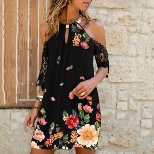 4# Off Shoulder Beach Dress 2021 Womens Sexy Floral Print Lace Sleeve Halter Neck Strapless Dress Bohemian Summer Mini Dresses