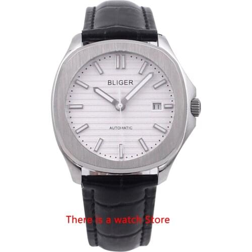 Bliger 40mm Automatic Mechanical Mens Watch Luxury Brand Square Watch Case Leather Strap Sapphire Glass Luminous Wristwatch Men