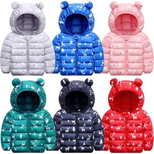 Childrens Winter Cartoon Pattern Hooded Down Jacket Unisex Lightweight Cotton-Padded Jacket 1-5 Years Old
