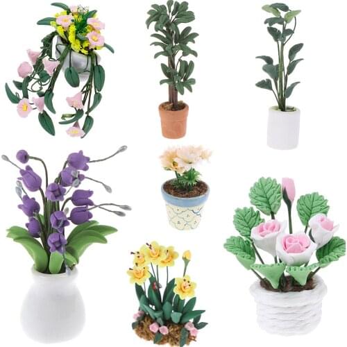 1:12 Doll House Miniatures Mini Potted Plant Flowers Pot DollHouse Decor Bonsai Model Kids Play Toys Fairy Garden Ornament