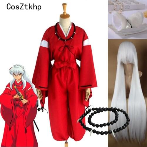 Hot New Anime Inuyasha Cosplay Costumes Red Japanese Kimono Men Robe Cosplay Costume Wigs Ears with Necklace For Halloween Party