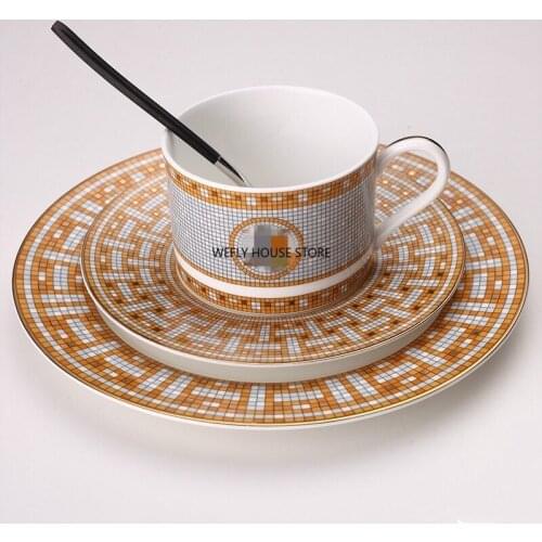 A ceramic dish plates geometric pattern ceramic dish feeder plate yellow grid tableware plate set serving dish bone china