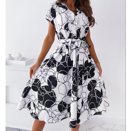 Summer Casual Women Printed Lace Up Short-sleeved Office Lady Shirt Dresses Sexy Slim Retro Buttons Midi Dress Clothes For Women