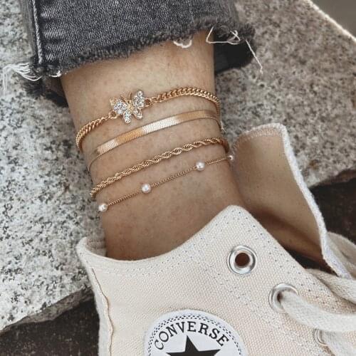 Fashion Butterfly Imitation Pearl Rhinestones Zircon Chain Anklet Set Statement Jewelry Accessories Bohemian Women Anklet