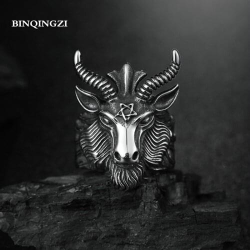 Charms Big Goat Head band Ring men neo-gothic black metal magic Pentagram badges rings groot soul men jewelry trinket bague