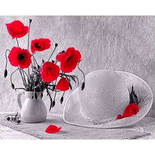 Hat & red poppy flower,Diy diamond painting full round/square diamond embroidery Rhinestones pictures craft decor home LG2372