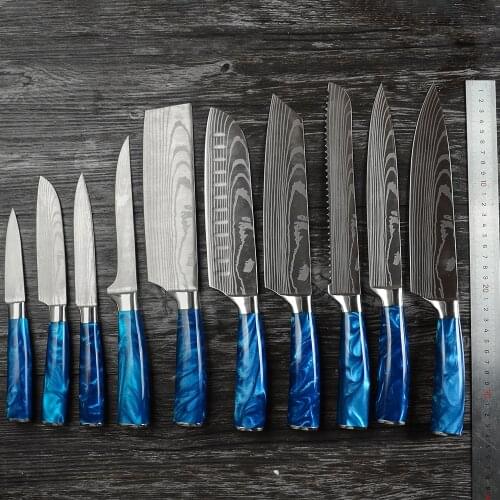 10 Pieces kitchen knives Set Exquisite Blue resin handle Laser Damascus pattern Chef knife Santoku Sharp Cleaver Slicing Knives