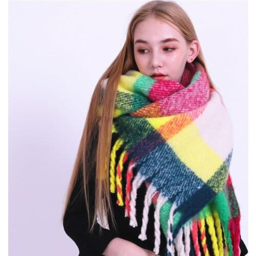 New Style Cashmere Scarf of AC In Europe and America In Autumn and Winter. Color Plaid Long Fringe AC Warm Scarf