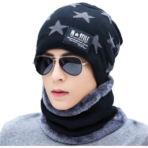 Autumn Winter knitted Beanies Hats Bib Sets Men Thickening Caps Women Star Velvet Beanie Skullies Hats Bonnet Beanie Cotton Hat