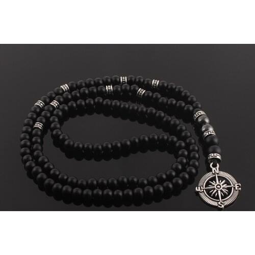 6mm Classic Vintage Black Long Natural Stone Round Beaded Necklace for Men with Compass Pendant Jewelry Gift