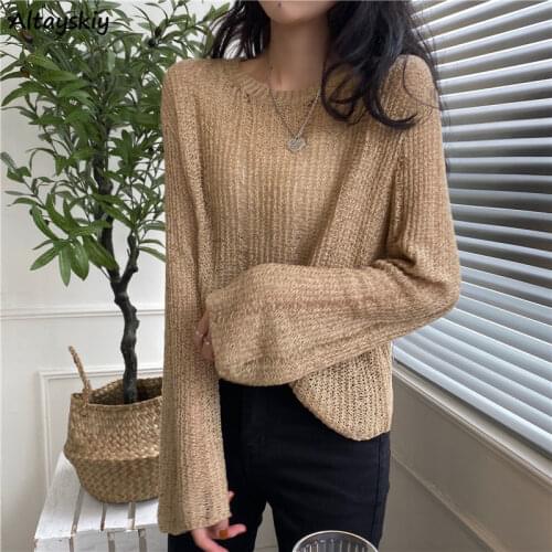 Pullovers Women Elegant Long Sleeve Office Lady Casual O-neck Sexy Hollow Out All-match Streetwear Ulzzang Loose Stretchy Simple