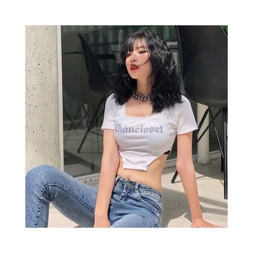 Short sleeve letters hot drilling Tshirt Slim sexy Navel clothing 2021 Summer shirt T Shirt Women Tops Base Tees Girls fashion