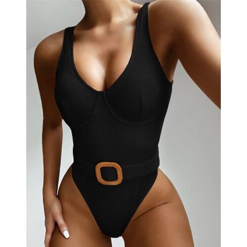 Sexy Black Push Up One Piece Swimsuit Women Swimwear High Cut Bodysuit Bathing Suit 2021 Belted Bathers Swimming Suit Monokini