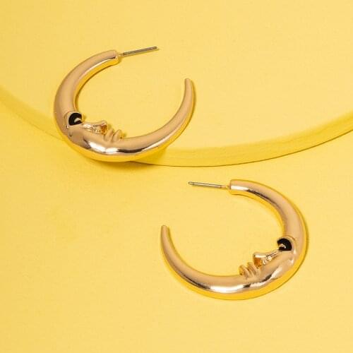 Vintage Gold Crescent Moon Stud Earrings Statement Face Earrings Women Ear Jewelry Charm Punk New Birthday Gift