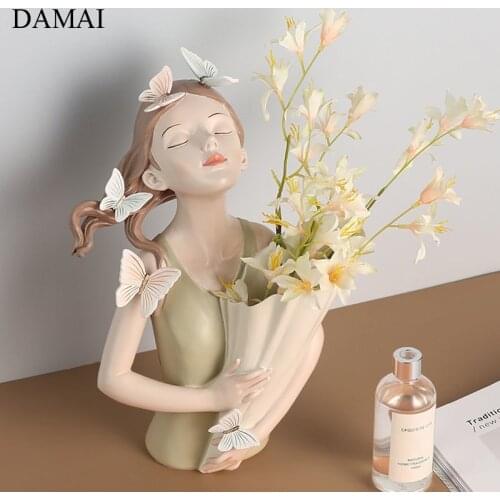 Butterfly Bouquet Girl Vase Nordic Modern Resin Flowers Vases Cartoon Character Decorative Plant Pots Living Room Decoration