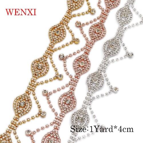 WENXI 5Yard Handmade Rosegold silver crystal Rhinestone Cupchain Hotfix For Wedding Belt For Bridal Accessory YS969